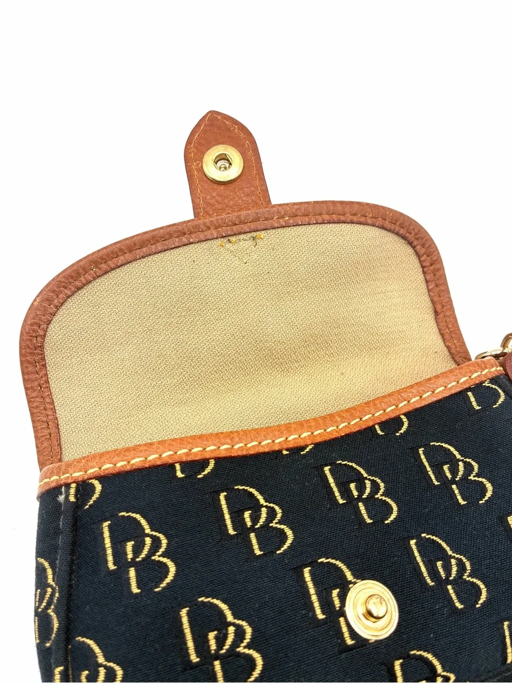 Vintage Dooney & Bourke Navy Tan DB Monogram Wristlet Pouch Blue Duck USA